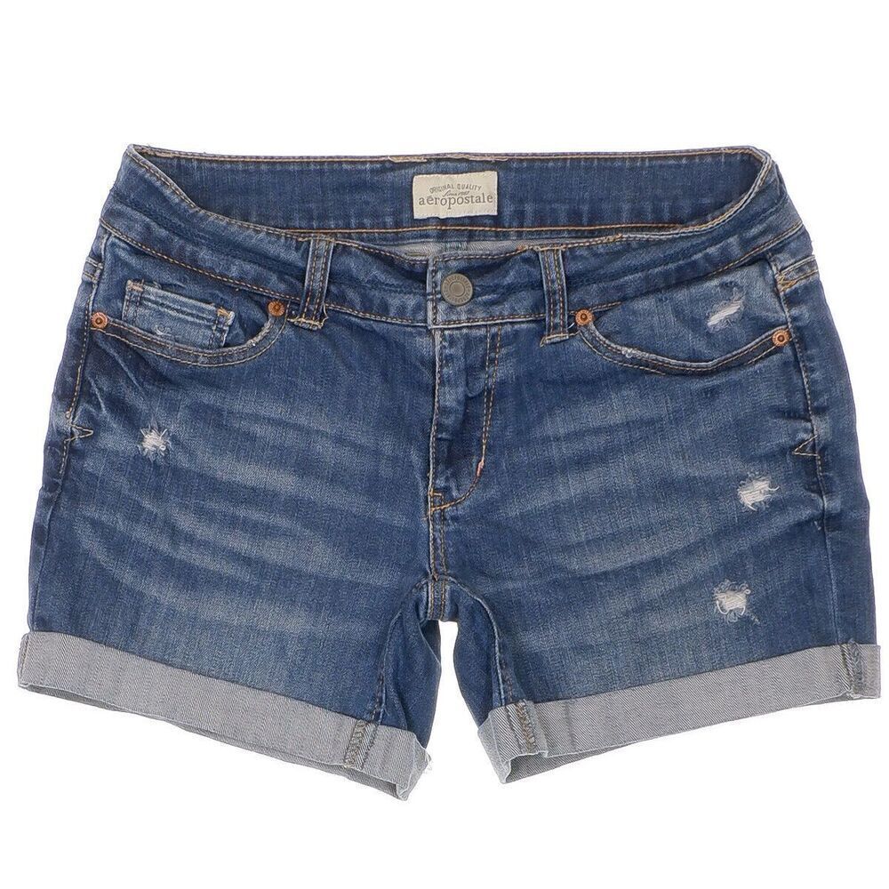 Aeropostale Denim Shorts 3/4 Junior Womens Distressed Cuffed Blue Stretch W29
